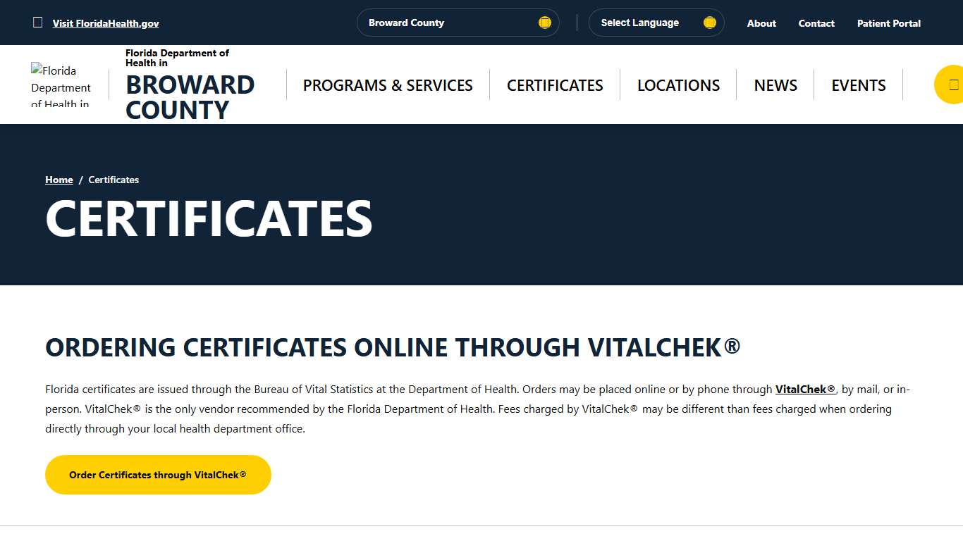 Certificates - Florida Department of Health in Broward County